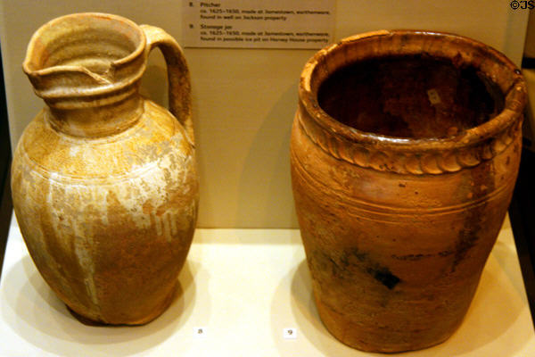 Pitcher & storage jar (1625-50) found at Jamestown in Jamestown National Park Museum. Jamestown, VA.