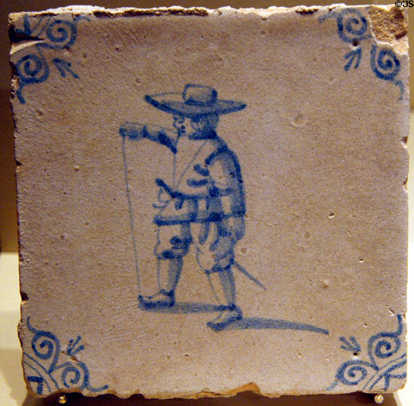 Delftware tile with swordsman (c1625-50) found at Jamestown in Jamestown National Park Museum. Jamestown, VA.
