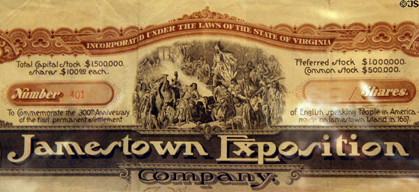 Detail of Pocahontas saving Captain John Smith on stock certificate for Jamestown Exposition of 1907 in Jamestown National Park Museum. Jamestown, VA.