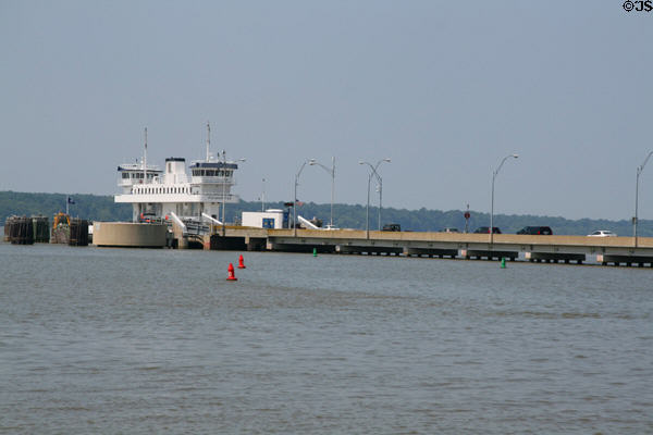 Car ferry Pocahontas docks near Jamestown on James River. Jamestown, VA.
