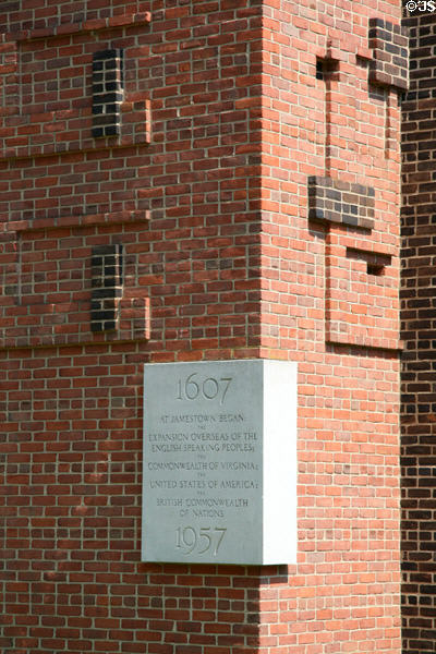 Details of commemorative column (1957) celebrating founding of Jamestown in 1607. Jamestown, VA.