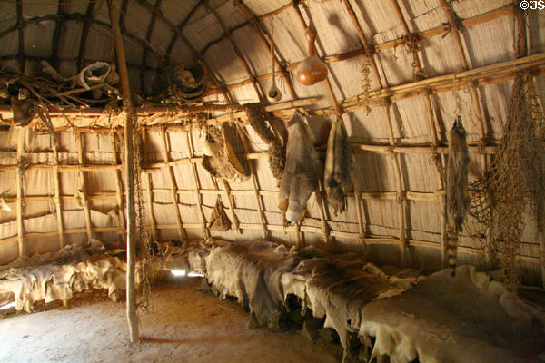 Interior of Native American bark house in Powhatan Village at Jamestown Settlement. Jamestown, VA.