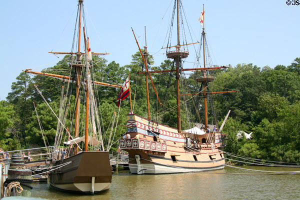 Replicas of Discovery & Susan Constant, two of the three ships that brought first colonists to Virginia at Jamestown Settlement. Jamestown, VA.