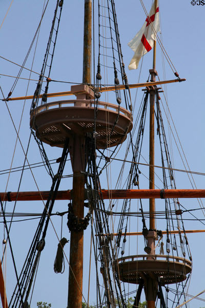 Masts of Susan Constant replica at Jamestown Settlement. Jamestown, VA.