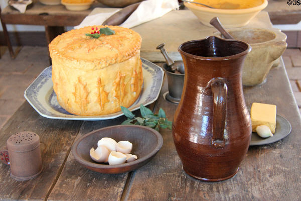 Kitchen table with pitcher & food in crust at Mt Vernon. Washington, VA.