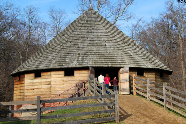 Reconstruction of round barn invented by George Washington for separating wheat kernels from its straw at Mt Vernon. Washington, VA.