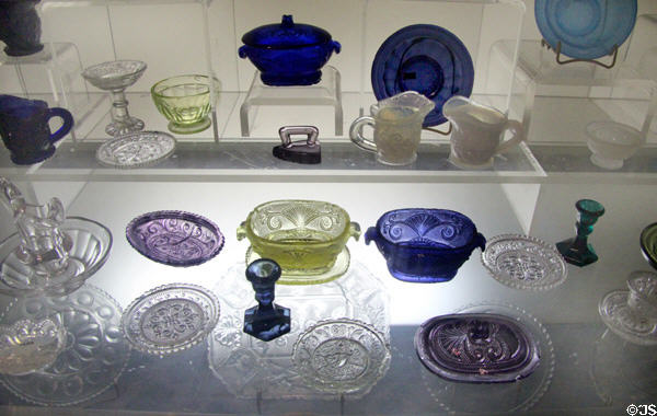 Collection of New England pressed glass miniature toy tableware (1835-50) at Bennington Museum. Bennington, VT.