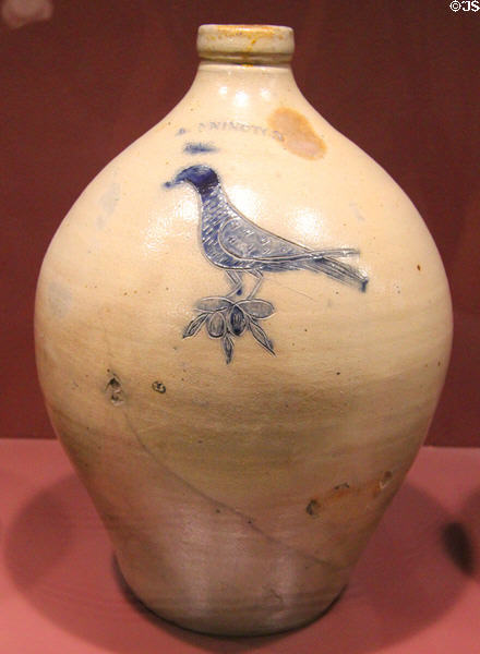 Stoneware jug painted with bird (1804-23) by Bennington Factory at Bennington Museum. Bennington, VT.