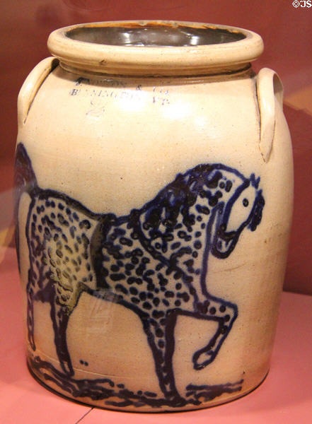Stoneware jar (1859-61) painted with horse by J. Norton Pottery of Bennington, VT at Bennington Museum. Bennington, VT.