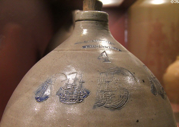 Stoneware jug incised with sailing ships (1828-33) by Luman Norton Pottery of Bennington, VT at Bennington Museum. Bennington, VT.