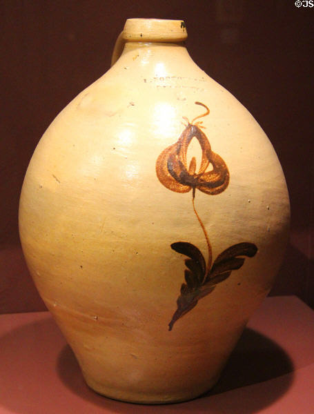 Stoneware jug colored with ochre instead of cobalt (1833-40) by Luman Norton & Sons Pottery of Bennington, VT at Bennington Museum. Bennington, VT.