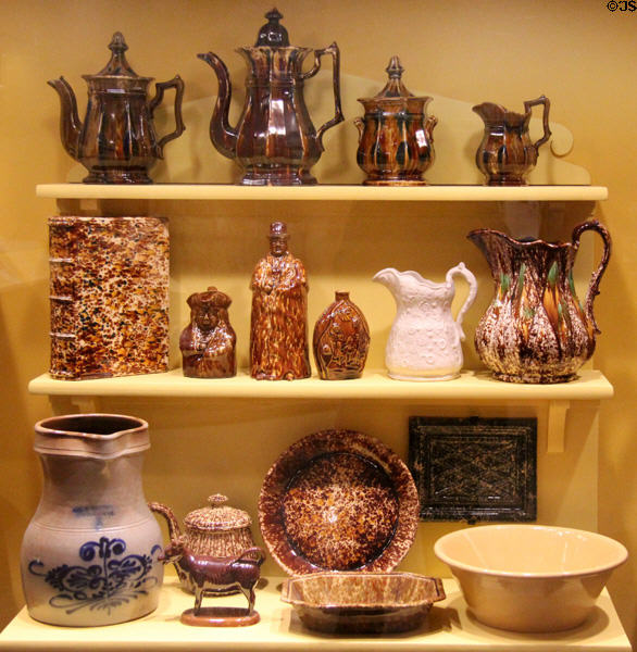 Bennington Pottery teapots, pitchers & bowls (19thC) by United States Pottery Co. at Bennington Museum. Bennington, VT.