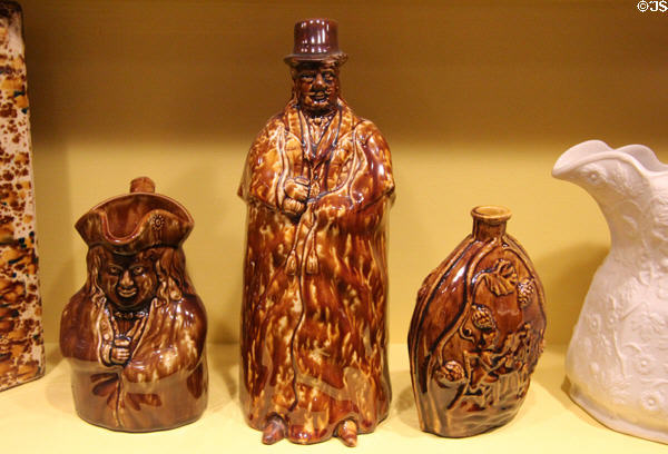 Brown glazed Toby jug & bottles (19thC) by United States Pottery Co. at Bennington Museum. Bennington, VT.