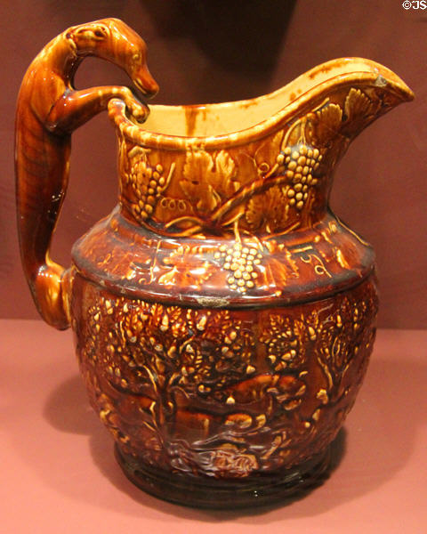 Hound-handle pitcher (1852-8) by United States Pottery Co. at Bennington Museum. Bennington, VT.
