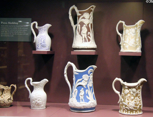 Press molded pitchers by English & American companies at Bennington Museum. Bennington, VT.