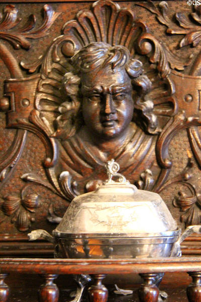 Renaissance-style carved face on dining room buffet in Renaissance-style (c1870-80) at Park-McCullough Historic Estate. North Bennington, VT.