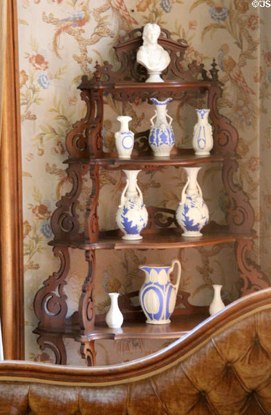 Bennington Potteries blue & white Parian ware on shelf at Park-McCullough Historic Estate. North Bennington, VT.