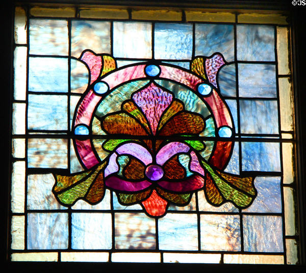 Stained glass window in west hall sitting area at Park-McCullough Historic Estate. North Bennington, VT.
