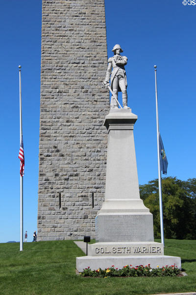 Statue of Col. Seth Warner (1743-84) who with Green Mountain Boys crippled British General Burgoyne's invasion of the American colonies at Bennington Monument. Bennington, VT.