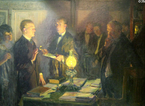 Swearing in of Calvin Coolidge as 30th President by His Father painting (c1923) by Arthur I. Keller at President Calvin Coolidge State Historic Park. Plymouth Notch, VT.