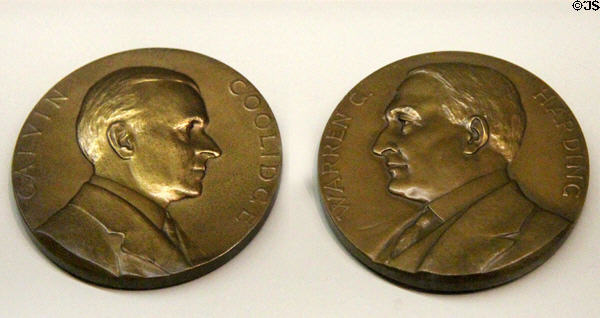 President Calvin Coolidge inaugural & Warren Harding memorial bronze portrait medals (1923) at President Calvin Coolidge State Historic Park. Plymouth Notch, VT.