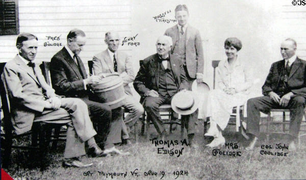 Photo (Aug. 19, 1924) of Coolidge with Henry Ford, Thomas Edison, Russell Firestone, Grace Coolidge & Col. John Coolidge at President Calvin Coolidge State Historic Park. Plymouth Notch, VT.
