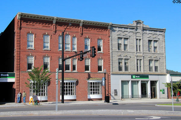 Heritage buildings facing city park including stone Granite Block (1888). Barre, VT.