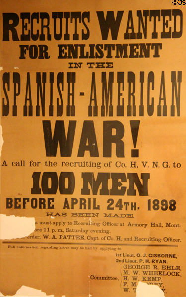 Recruits Wanted poster for Spanish-American War (1898) at Vermont History Center. Barre, VT.
