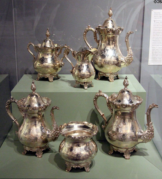 Silver tea service (1890s) by Rogers Bros. Manuf. Co. given to VT railroad pioneer Jonas Wilder at Vermont History Museum. Montpelier, VT.