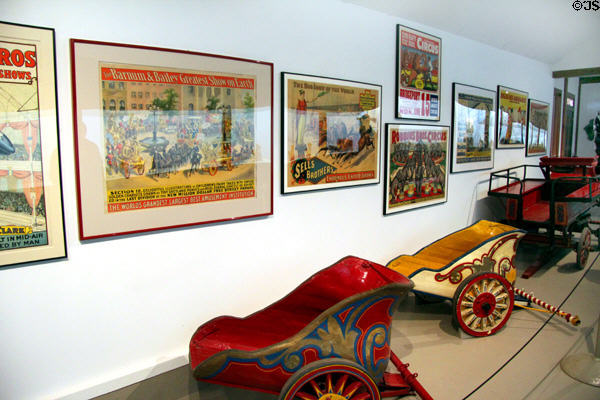 Circus posters & chariots in circus building at Shelburne Museum. Shelburne, VT.