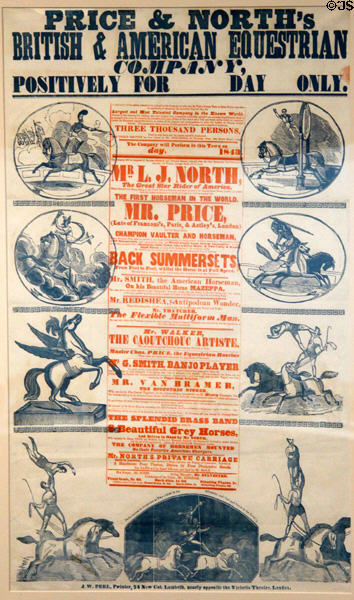 Price & North's British & American Equestrian Co. poster (1845) by J.W. Peel of London, England in circus building at Shelburne Museum. Shelburne, VT.