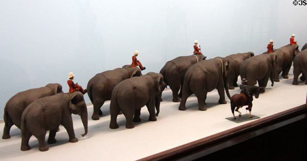 Parading elephants, some of 4,000 circus parade figures (1925-55) carved in one-inch=one-foot scale in circus building at Shelburne Museum. Shelburne, VT.