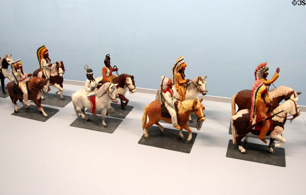 American Indians on horseback circus parade figures (1925-55) in circus building at Shelburne Museum. Shelburne, VT.