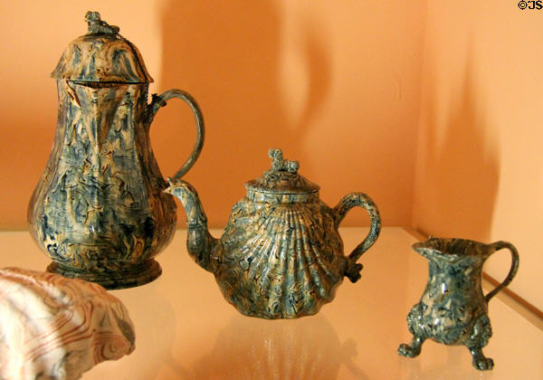 Agateware chocolate pot, teapot & creamer (c1740) from Staffordshire, England at Shelburne Museum. Shelburne, VT.