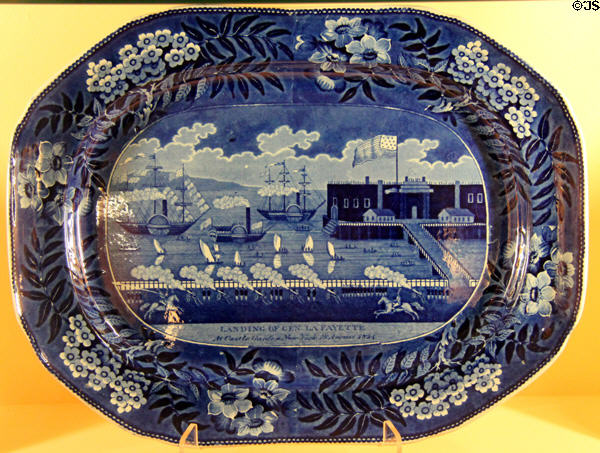 General Lafayette landing at Castle Garden in New York on Aug. 16, 1824 transfer printed plate (c1830) from Staffordshire, England at Shelburne Museum. Shelburne, VT.