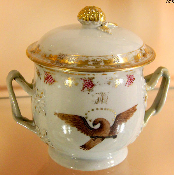 Chinese export porcelain covered custard cup with American eagle & 14 stars (c1791) at Shelburne Museum. Shelburne, VT.