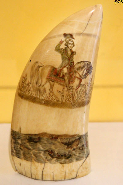 Scrimshaw whale tooth with image of George Washington (19thC) at Shelburne Museum. Shelburne, VT.