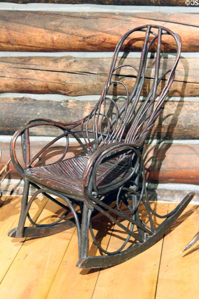 Rustic hardwood twigs rocking chair (late 19th or early 20thC) in Beach Lodge at Shelburne Museum. Shelburne, VT.