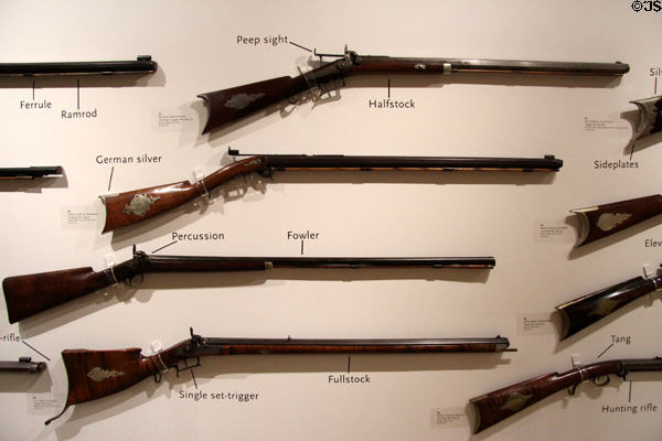 Display of gun definitions firearms collection in Beach Gallery at Shelburne Museum. Shelburne, VT.
