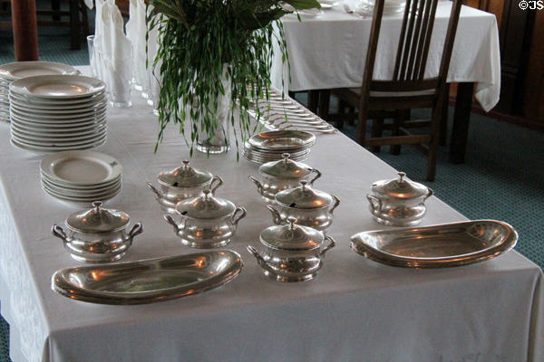 Dining room silver serving pieces aboard Ticonderoga at Shelburne Museum. Shelburne, VT.