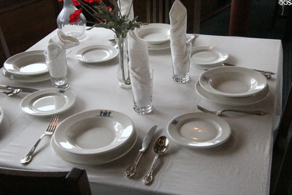 Dining room place settings aboard Ticonderoga at Shelburne Museum. Shelburne, VT.