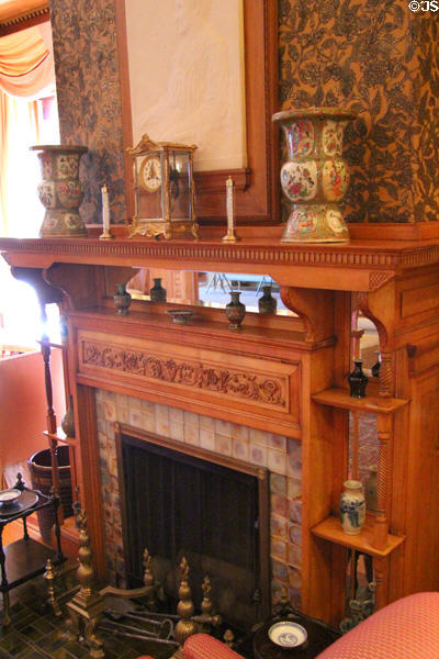 Second parlor fireplace displaying clock & ceramic at Marsh-Billings-Rockefeller Mansion. Woodstock, VT.