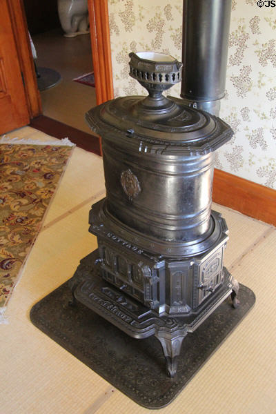Cottage parlor stove with humidifying urn by Winthrop in farm house at Billings Farm & Museum. Woodstock, VT.