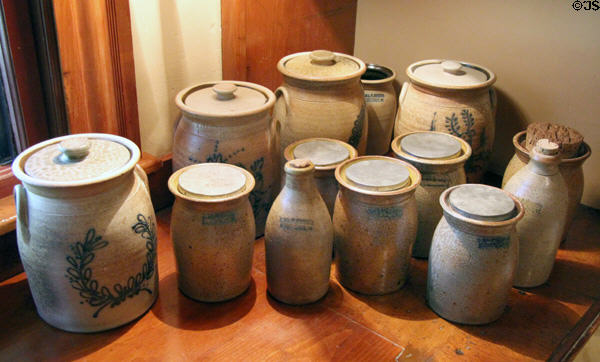 Collection of stoneware crocks at Billings Farm & Museum. Woodstock, VT.