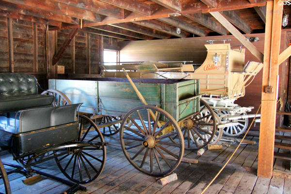 Democrat wagon or buggy (c1890), farm wagon (c1885-1915), & freight or platform wagon (c1890) at Billings Farm & Museum. Woodstock, VT.