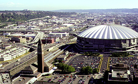 Historic photo of Mt Rainer, now demolished Kingdome & railway looking south from Smith Tower. Seattle, WA.