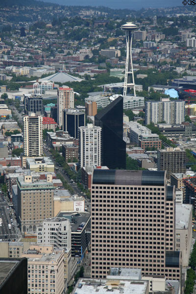 Space needle, black-angular Sedgwick James Building, & barrel-topped Century Square seen from Columbia Center. Seattle, WA.