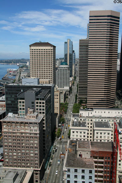 View up 2nd Ave. with Henry M. Jackson; Seattle Art Museum; domed Second & Seneca; & Wells Fargo Center buildings over Pioneer Square historic district from Smith Tower. Seattle, WA.