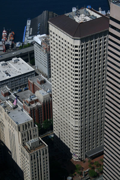 Exchange Building (1930), red Seattle Federal Office Building, & Henry M. Jackson Building from above. Seattle, WA.