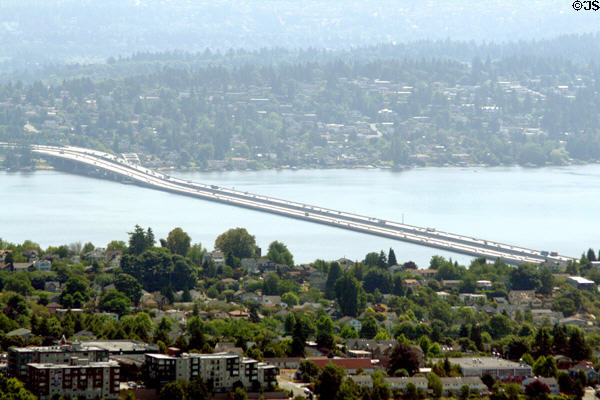 Lake Washington floating bridge beside Interstate 90 from Seattle to Mercer Island. Seattle, WA. On National Register.